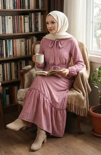 Robe A Motifs Et Ceinturée 0383-03 Rose Poudré 0383-03