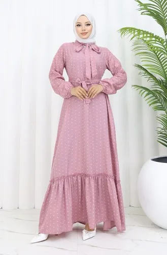 Robe A Motifs Et Ceinturée 0383-03 Rose Poudré 0383-03