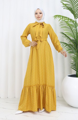 Patterned Belted Dress 0383-04 Mustard 0383-04