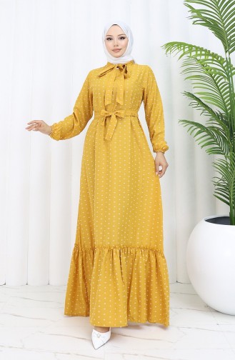 Patterned Belted Dress 0383-04 Mustard 0383-04