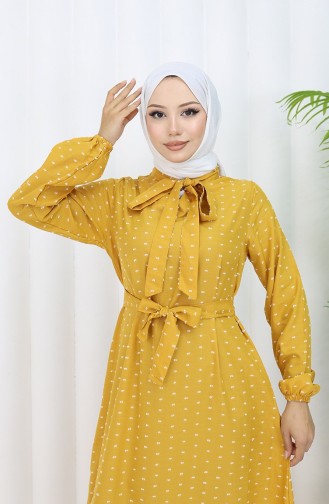 Patterned Belted Dress 0383-04 Mustard 0383-04