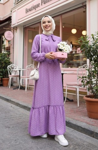 Patterned Belted Dress 0383-05 Lilac 0383-05