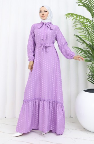 Patterned Belted Dress 0383-05 Lilac 0383-05