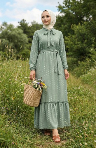 Robe A Motifs Ceinturée 0383-06 Vert 0383-06