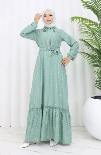 Robe A Motifs Ceinturée 0383-06 Vert 0383-06