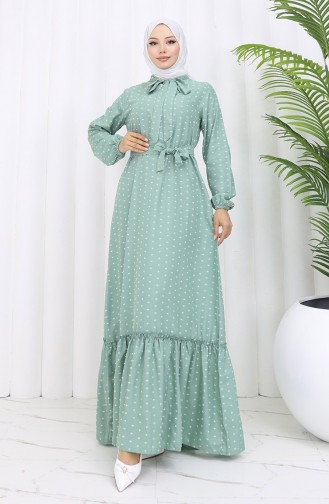 Robe A Motifs Ceinturée 0383-06 Vert 0383-06