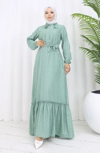 Robe A Motifs Ceinturée 0383-06 Vert 0383-06