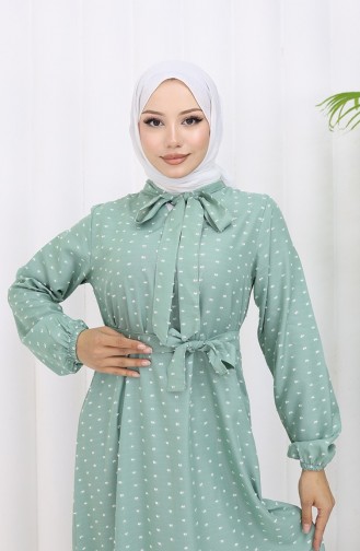 Robe A Motifs Ceinturée 0383-06 Vert 0383-06