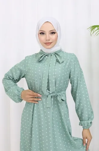 Robe A Motifs Ceinturée 0383-06 Vert 0383-06