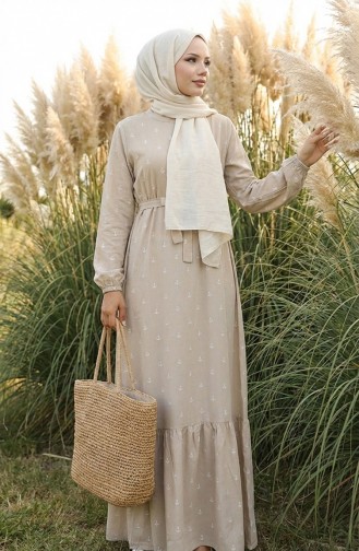 Patterned Belted Dress 0383-07 Beige 0383-07