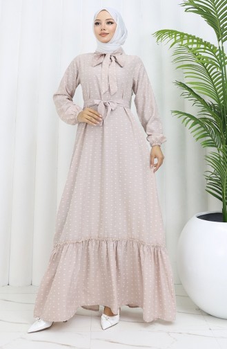 Patterned Belted Dress 0383-07 Beige 0383-07