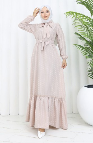 Patterned Belted Dress 0383-07 Beige 0383-07