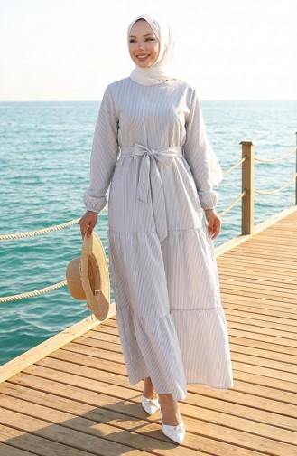 Terikoton Striped Belted Dress 0101-01 Gray 0101-01