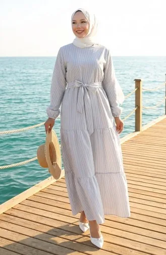 فستان تيريكوتون مخطط بحزام 0101-01 رمادي 0101-01