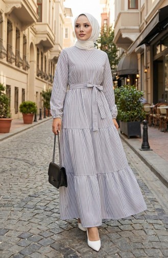 Terikoton Striped Belted Dress 0101-01 Gray 0101-01