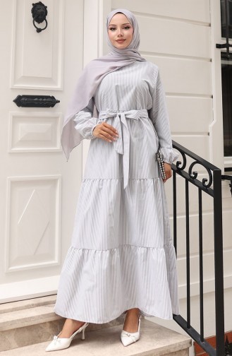 Terikoton Striped Belted Dress 0101-01 Gray 0101-01