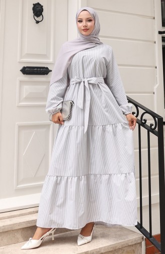 Terikoton Striped Belted Dress 0101-01 Gray 0101-01