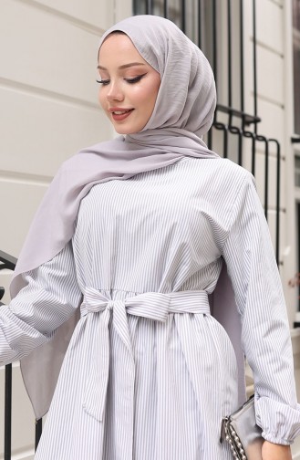 Terikoton Striped Belted Dress 0101-01 Gray 0101-01