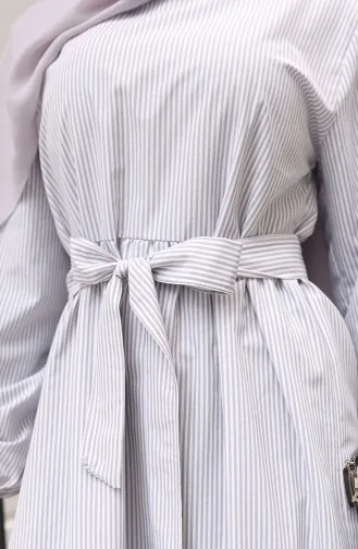 فستان تيريكوتون مخطط بحزام 0101-01 رمادي 0101-01