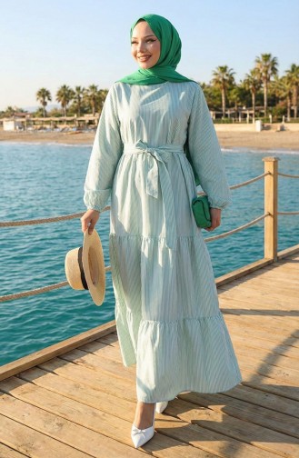 Terikoton Çizgili Kuşaklı Elbise 0101-02 Yeşil