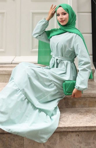 Terikoton Çizgili Kuşaklı Elbise 0101-02 Yeşil