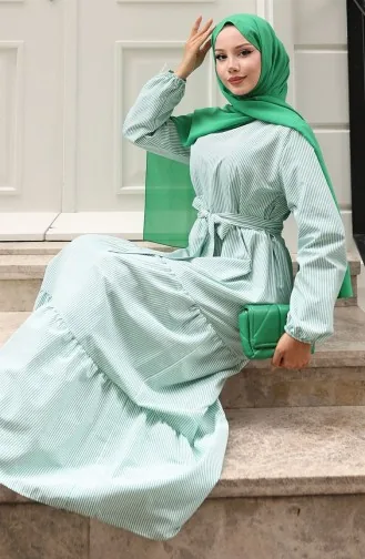 Terikoton Striped Belted Dress 0101-02 Green 0101-02