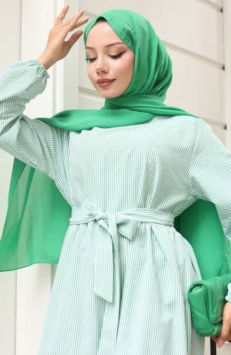 Terikoton Striped Belted Dress 0101-02 Green 0101-02