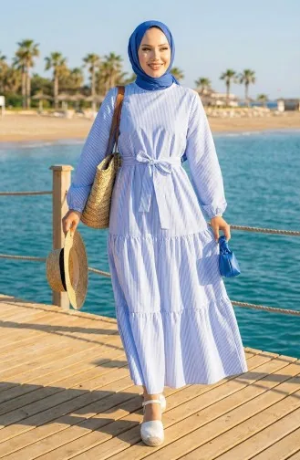 فستان تيريكوتون مخطط بحزام 0101-03 أزرق 0101-03