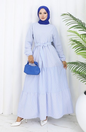 Robe Ceinturée à Rayures Terikoton 0101-03 Bleu 0101-03