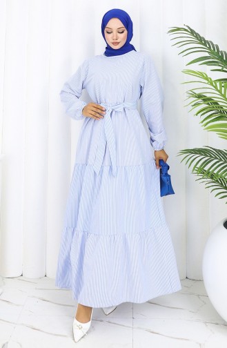 Robe Ceinturée à Rayures Terikoton 0101-03 Bleu 0101-03