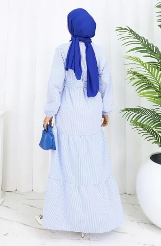 فستان تيريكوتون مخطط بحزام 0101-03 أزرق 0101-03