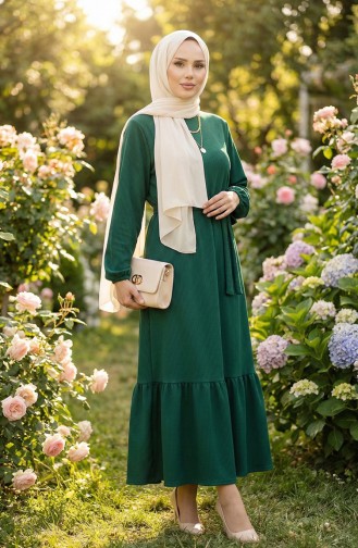 Burgu Kumaş Fitilli Fırfırlı Elbise 2169-01 Yeşil