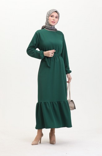 Burgu Kumaş Fitilli Fırfırlı Elbise 2169-01 Yeşil