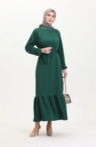 Burgunderfarbenes Geripptes Rüschenkleid Aus Stoff 2169-01 Grün 2169-01