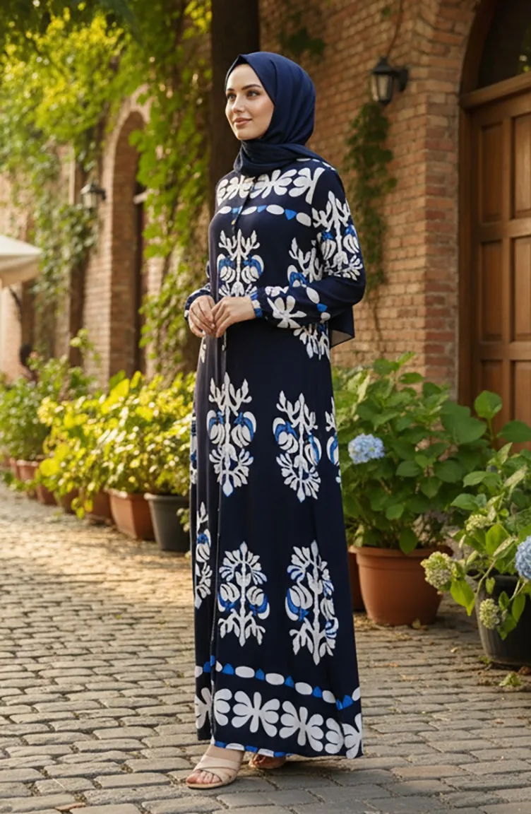 Robe Hijab En Viscose à Motifs Avec Manches élastiquées 2201-01 Bleu Marine 2201-01