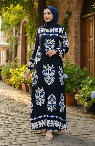 Robe Hijab En Viscose à Motifs Avec Manches élastiquées 2201-01 Bleu Marine 2201-01