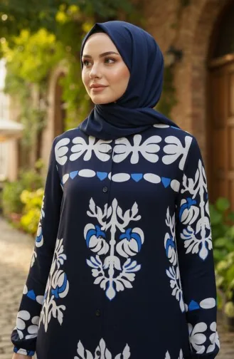 Robe Hijab En Viscose à Motifs Avec Manches élastiquées 2201-01 Bleu Marine 2201-01