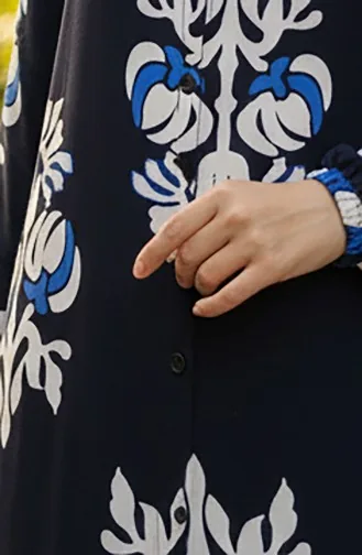 Robe Hijab En Viscose à Motifs Avec Manches élastiquées 2201-01 Bleu Marine 2201-01