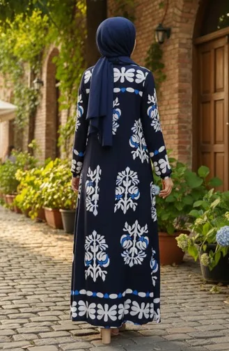Robe Hijab En Viscose à Motifs Avec Manches élastiquées 2201-01 Bleu Marine 2201-01