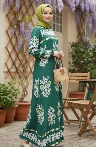 Gemustertes Viskose-Hijab-Kleid Mit Elastischen Ärmeln 2201-02 Grün 2201-02