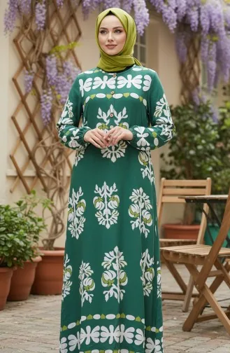 Gemustertes Viskose-Hijab-Kleid Mit Elastischen Ärmeln 2201-02 Grün 2201-02