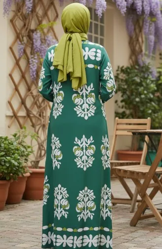 Gemustertes Viskose-Hijab-Kleid Mit Elastischen Ärmeln 2201-02 Grün 2201-02