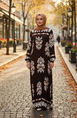 Gemustertes Viskose-Hijab-Kleid Mit Elastischen Ärmeln 2201-03 Braun 2201-03