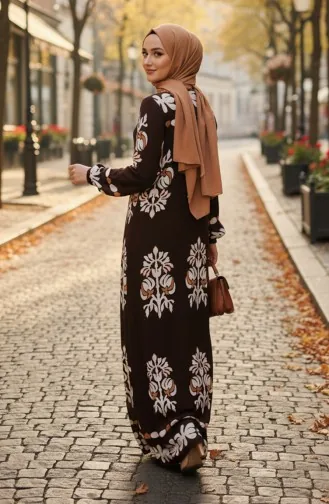 Gemustertes Viskose-Hijab-Kleid Mit Elastischen Ärmeln 2201-03 Braun 2201-03