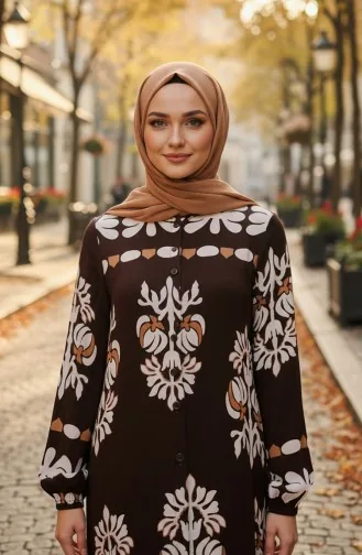 Gemustertes Viskose-Hijab-Kleid Mit Elastischen Ärmeln 2201-03 Braun 2201-03