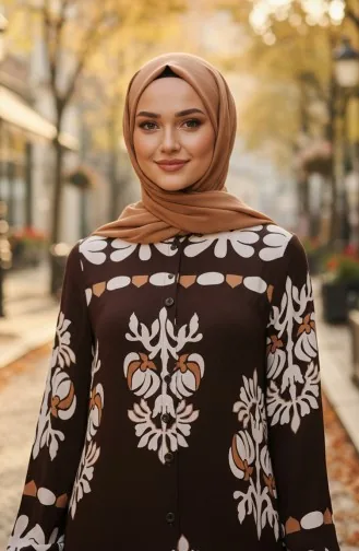 Gemustertes Viskose-Hijab-Kleid Mit Elastischen Ärmeln 2201-03 Braun 2201-03