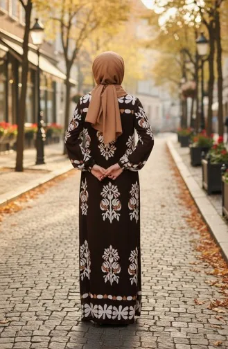 Gemustertes Viskose-Hijab-Kleid Mit Elastischen Ärmeln 2201-03 Braun 2201-03