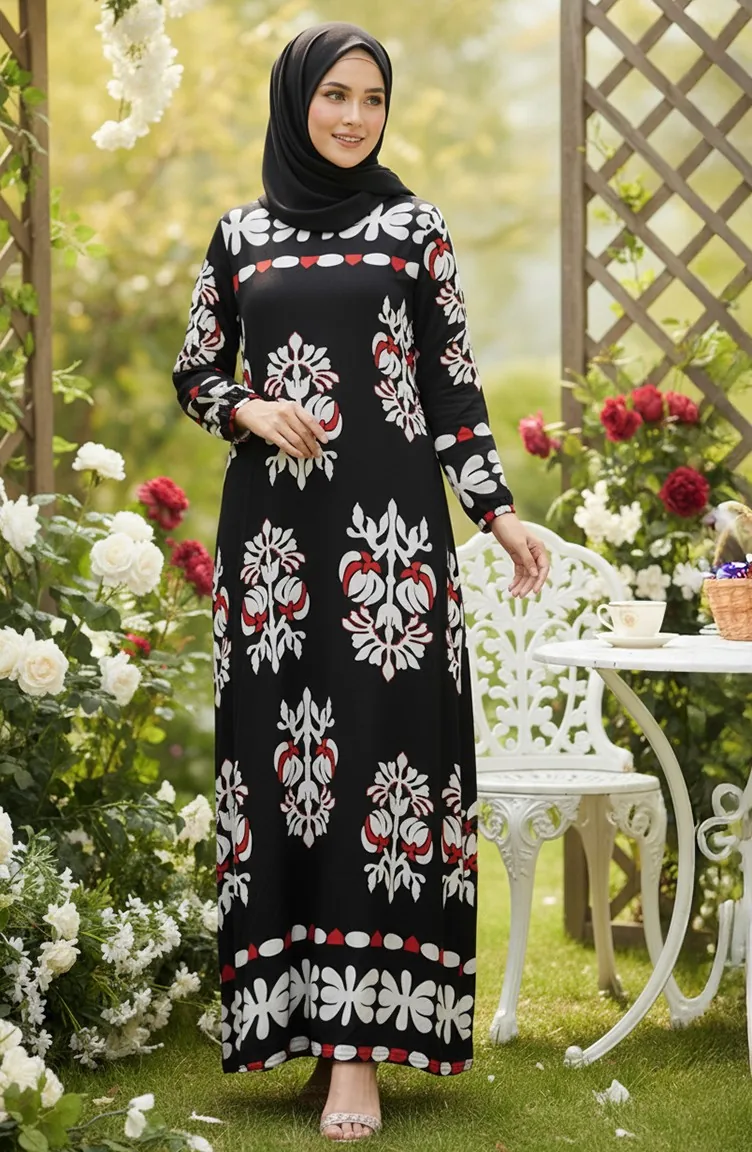 فستان حجاب من الفسكوز بنقوش وأكمام مطاطية 2201-04 أسود 2201-04