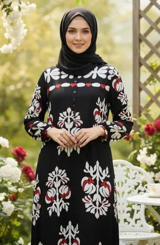 فستان حجاب من الفسكوز بنقوش وأكمام مطاطية 2201-04 أسود 2201-04