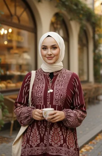 فستان حجاب من الفسكوز بنقوش من ألاتشاتي، بنصف أزرار، رقم الموديل 2204-01، لون عنابي 2204-01